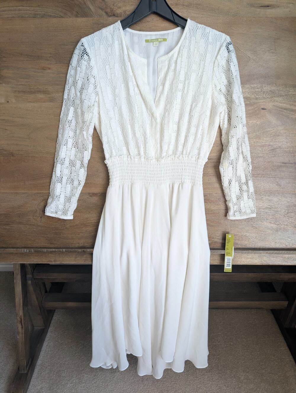 NWT Gianni Bini Jericho Dress Womens S White Smocked Waist Long Sleeve V-Neck